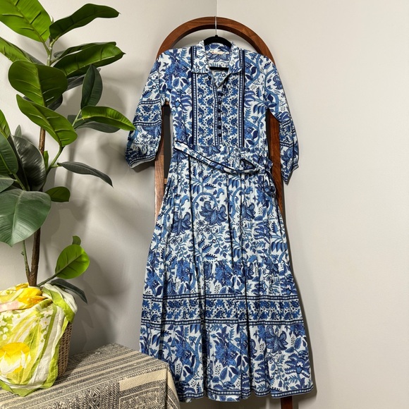 jaipur morni Dresses & Skirts - Jaipur Morni SMALL Blue 100% Cotton Belted Floral Block Print Midi Dress